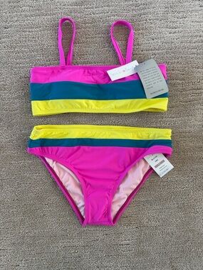 NWT Beach Lingo Girls Neon Pink, Blue & Yellow Striped Bikini Set Sz 12